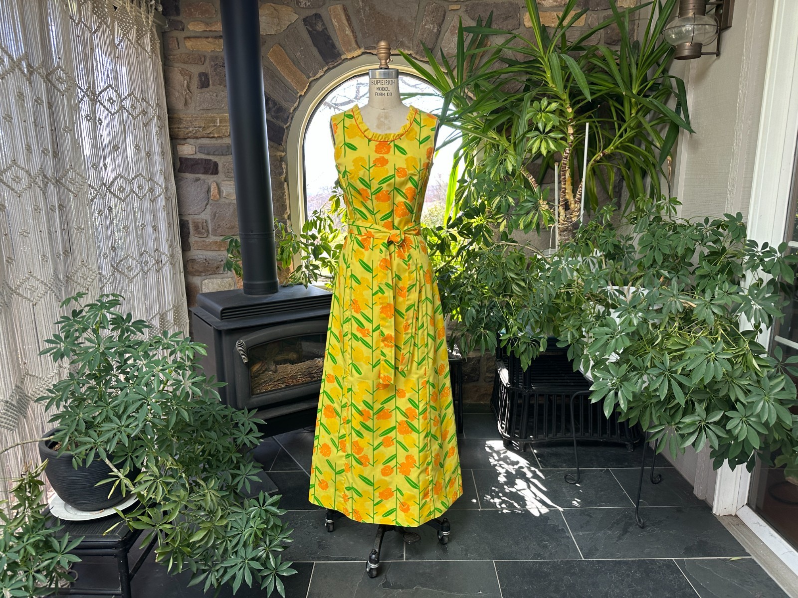Vintage 1960s The Vested Gentress Bright Yellow Floral Belted Maxi Hostess Dress