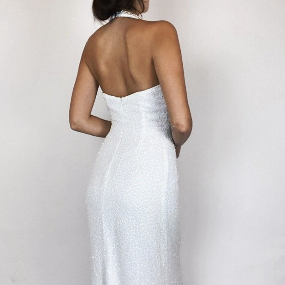 Vintage Alfred Angelo Sequin Halter Floor Length Wedding NYE Vegas Gown