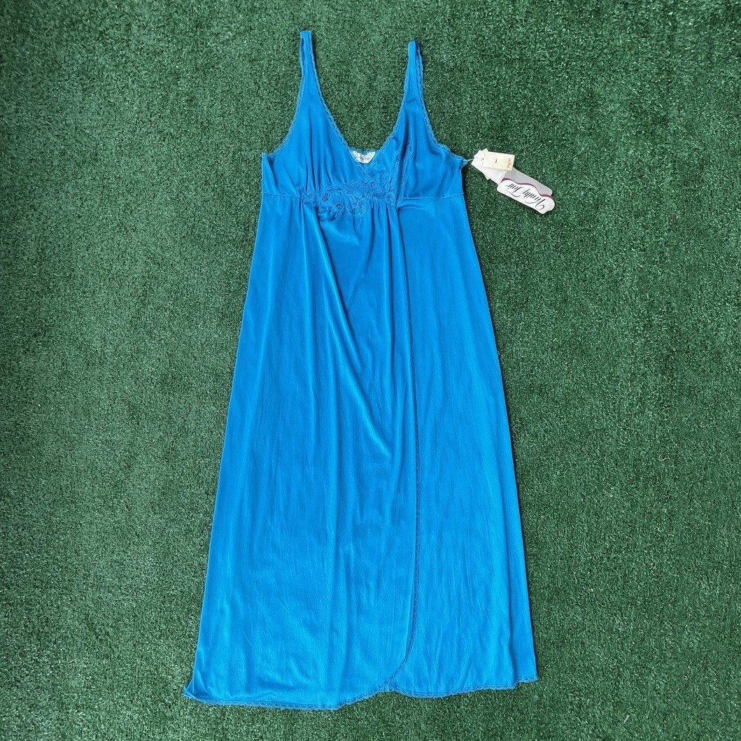 VANITY FAIR Vintage Dark Teal Blue Long Tank Nightgown WOMANS LARGE