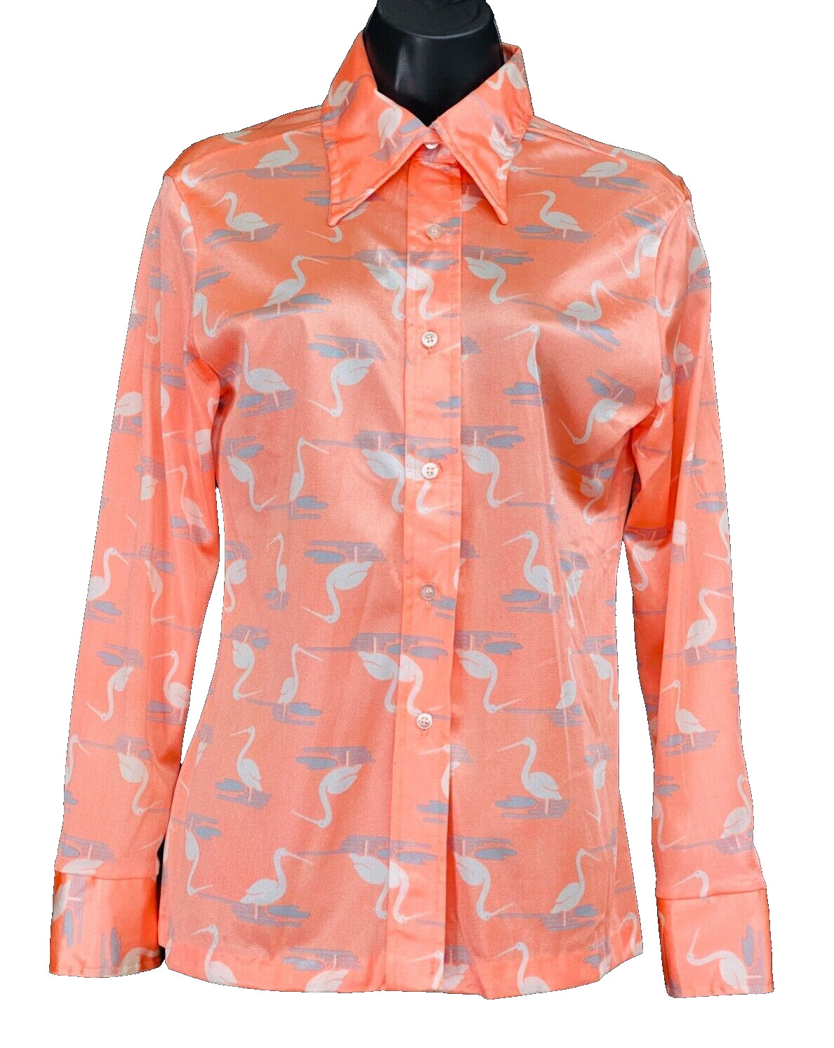 Vintage 1970s pink novelty print shirt, orange heron bird blouse deadstock disco