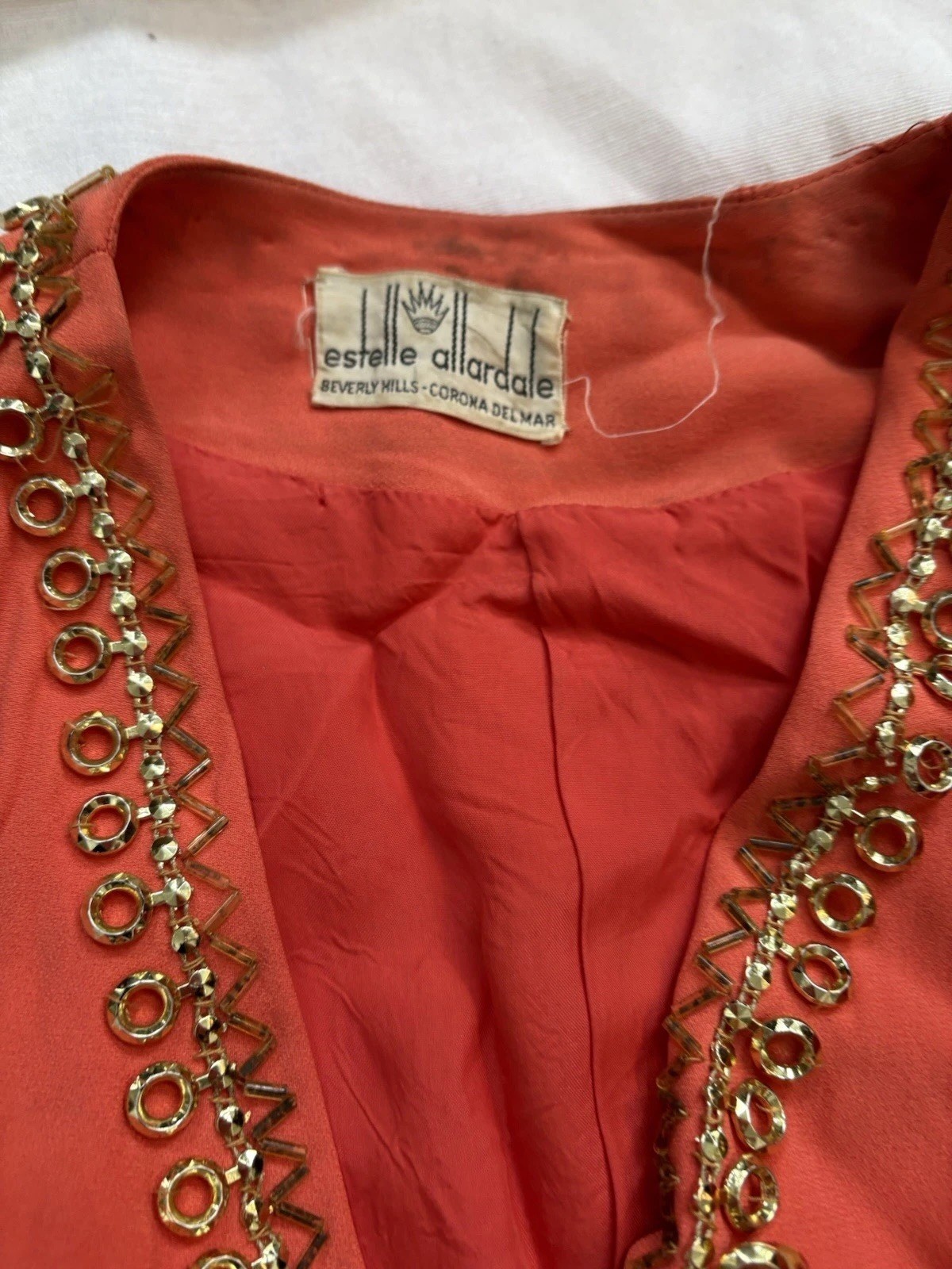 1960s Estelle Allardale Designer Orange Gold Beaded Blouse Retro Small MOD