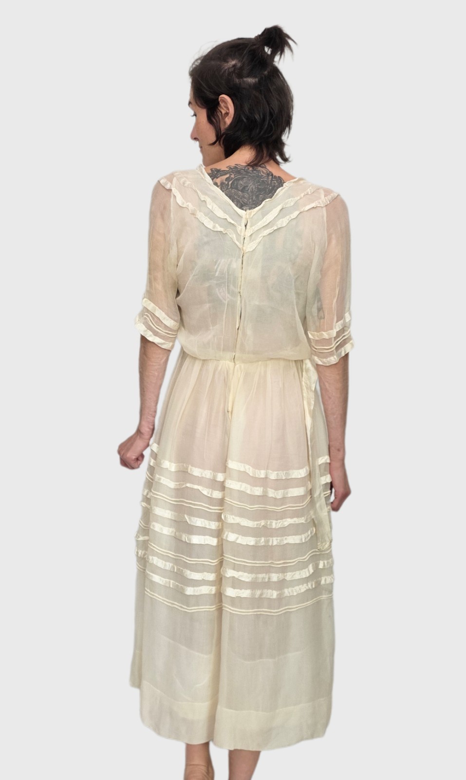 1910s Ivory Silk Chiffon Dress | Edwardian Tea Dress | Sheer Ribbon Trim Antique