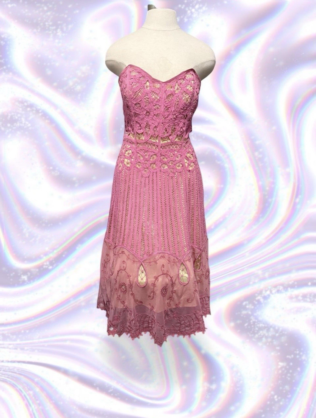 Betsey Johnson Vintage Pink Lace Midi Dress with Accents and Beading Size 4 EUC