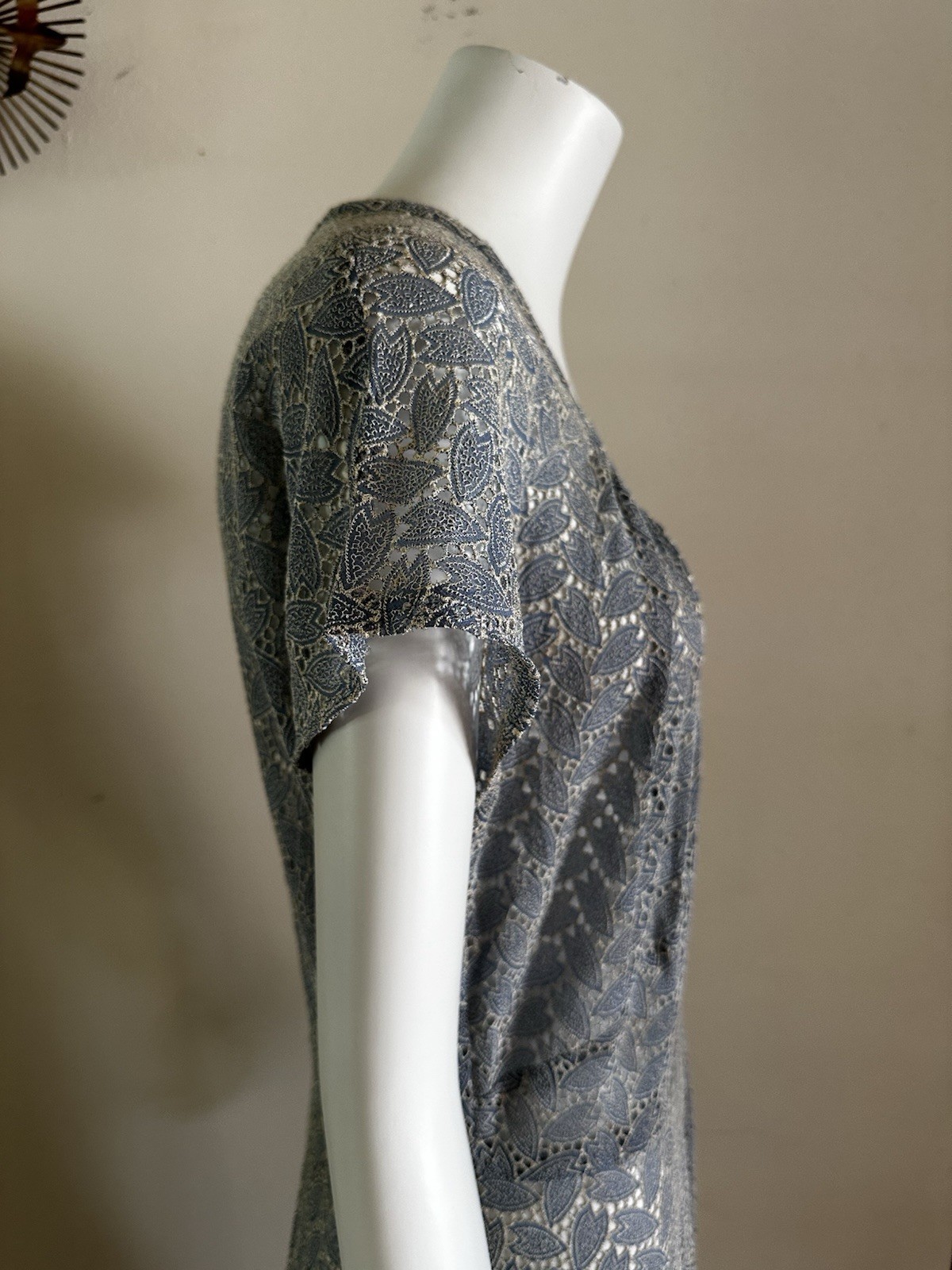 1940s Embroidered Rayon Crepe Cutwork Hostess Lounge Dress Blue Maxi L XL