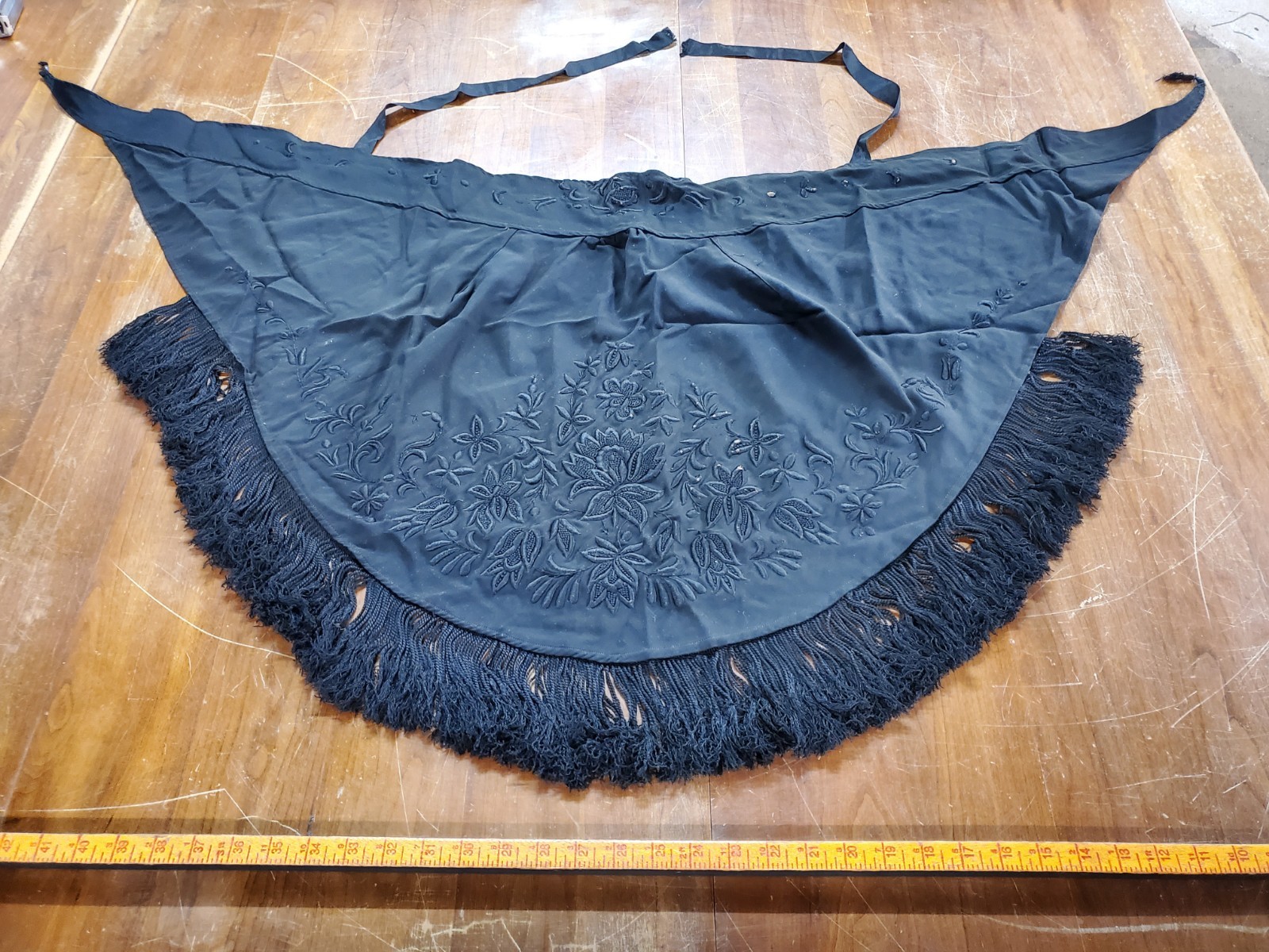 Antique Victorian Mourning Shawl Cape, Embroidered Black with Fringe, Lined