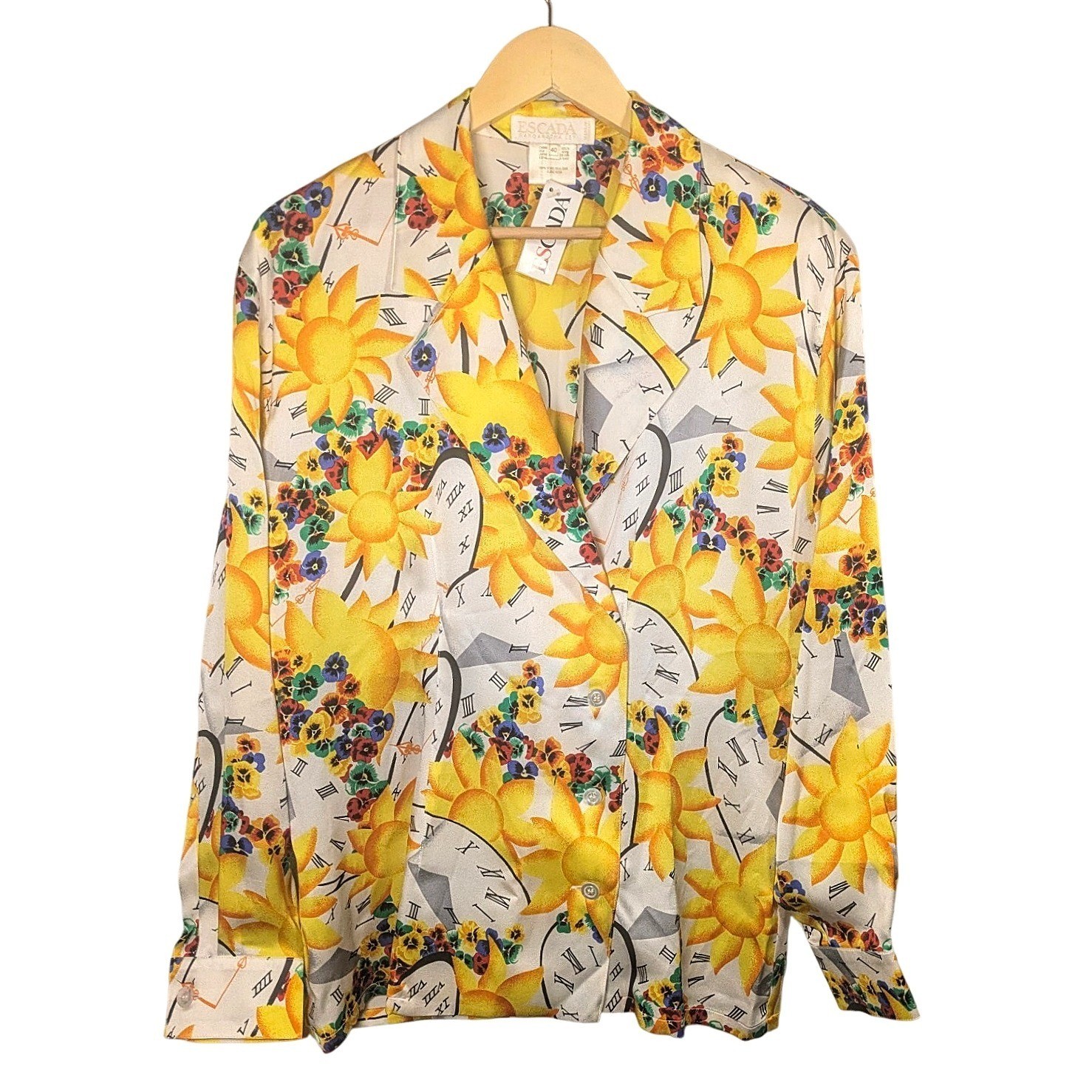 Vintage 80s Escada Silk Blouse Sun Clock Novelty Print designer Top NWT Sz 40 M