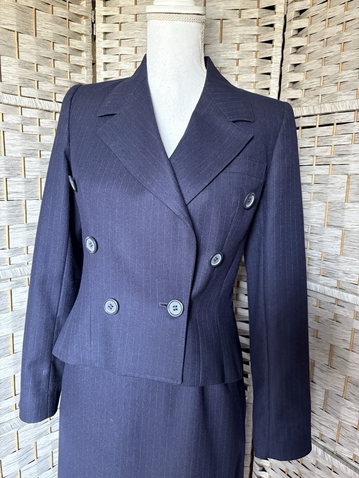 Vintage 1980s Cassidy Navy Pinstripe Mod Secretary Midi Skirt Suit Set Wool SZ 6