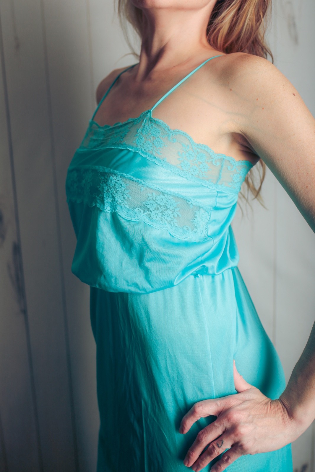 Flair Lingerie Vintage Retro Glam 80s Satin Sheer Lace Peignoir Slip M Aqua Blue