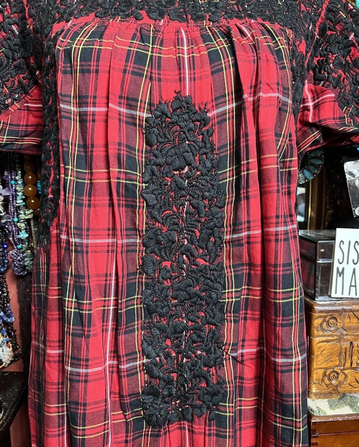 Beautiful Sister Mary Oaxaca Red & Black Plaid Black Embroidery & Crochet ML