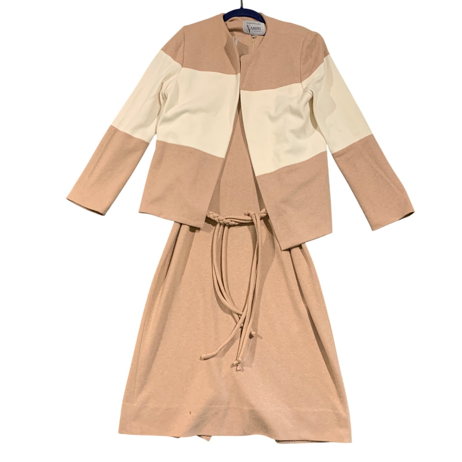 Nardis of Dallas Vintage Dress Set Womens Tan Cream Colorblock Mod 2pc Suit