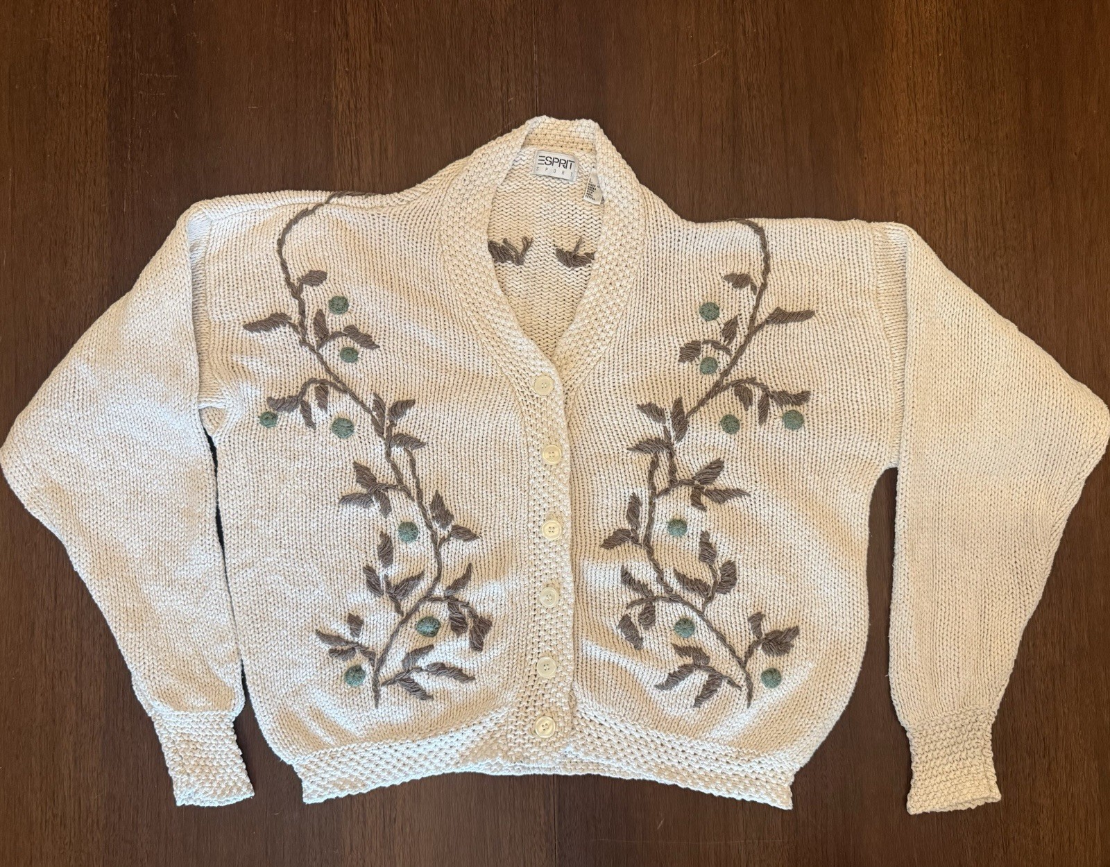 Vintage Esprit Sport Silk Cotton Embroidered Cardigan Sweater Cream Women Large