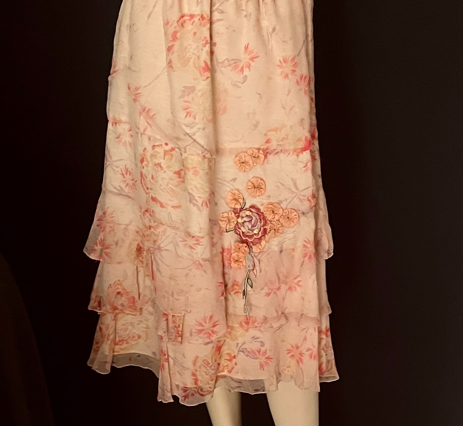 Charming 1920s Tiered Silk Tiered Skirt, Pastels, Peach, Ribbon Work Flowers S-M