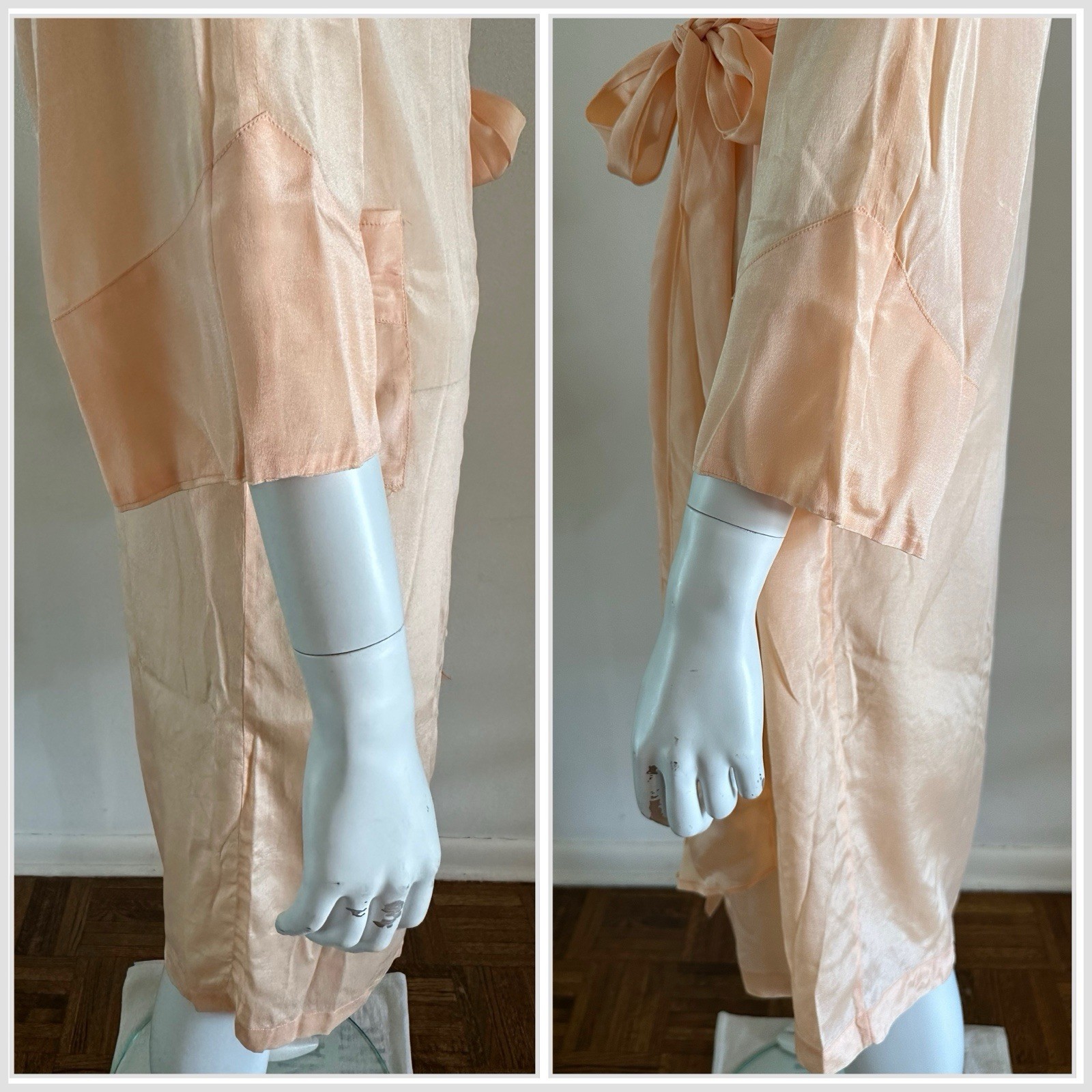 1930s 40s Peach Rayon Satin Robe Art Deco Wrap Boudoir Dressing Gown S Vintage