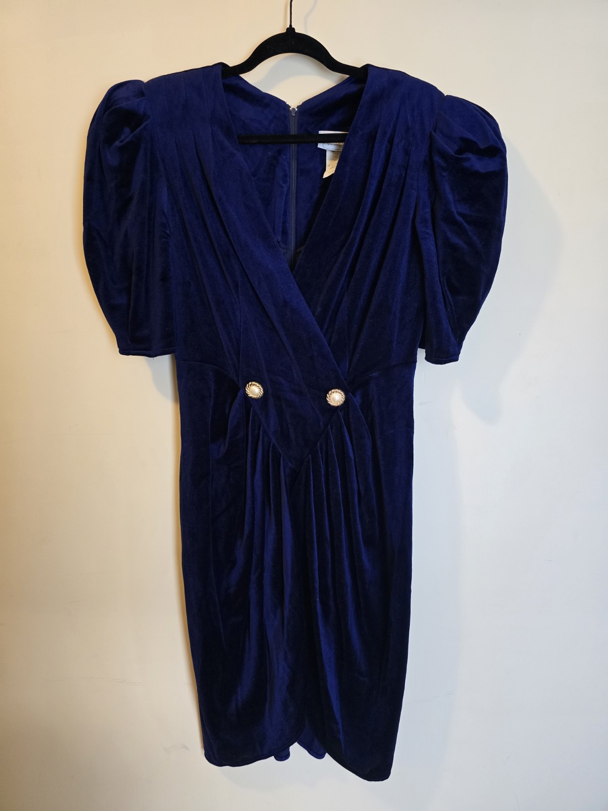 Vintage 80s 90s Navy Velvet Gold Accent Puffy Sleeve Mini Prom Evening Dress