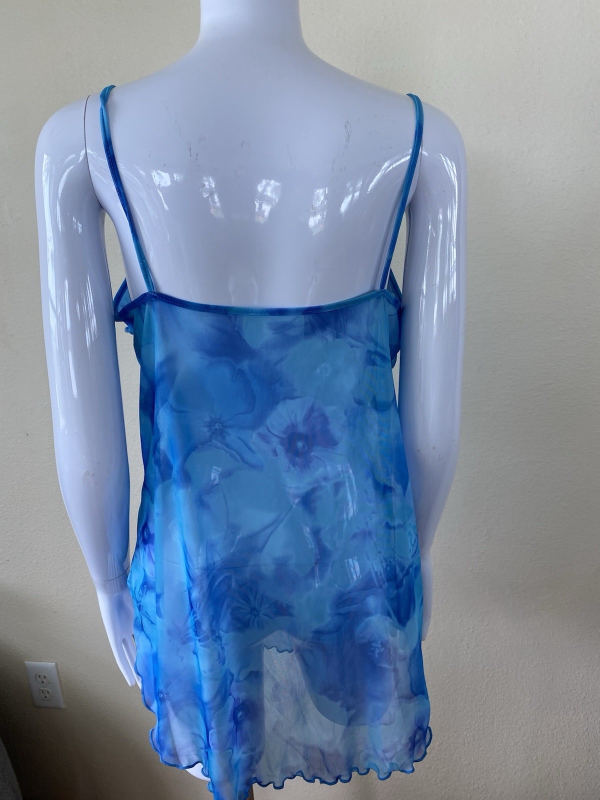 Petra Fashions Large Turquoise Blue Ruffle Sheer Floral Y2K Vtg Mini Slip