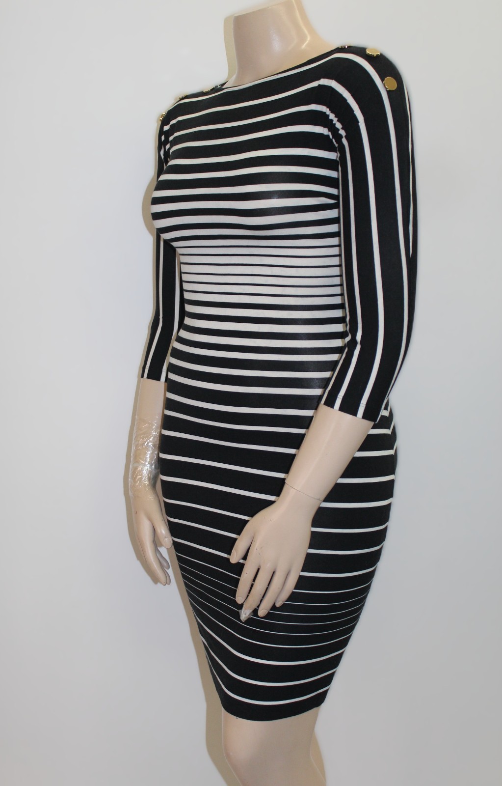 Cache Vintage Black & White Striped Bodycon Dress w Gold Button Details Size M