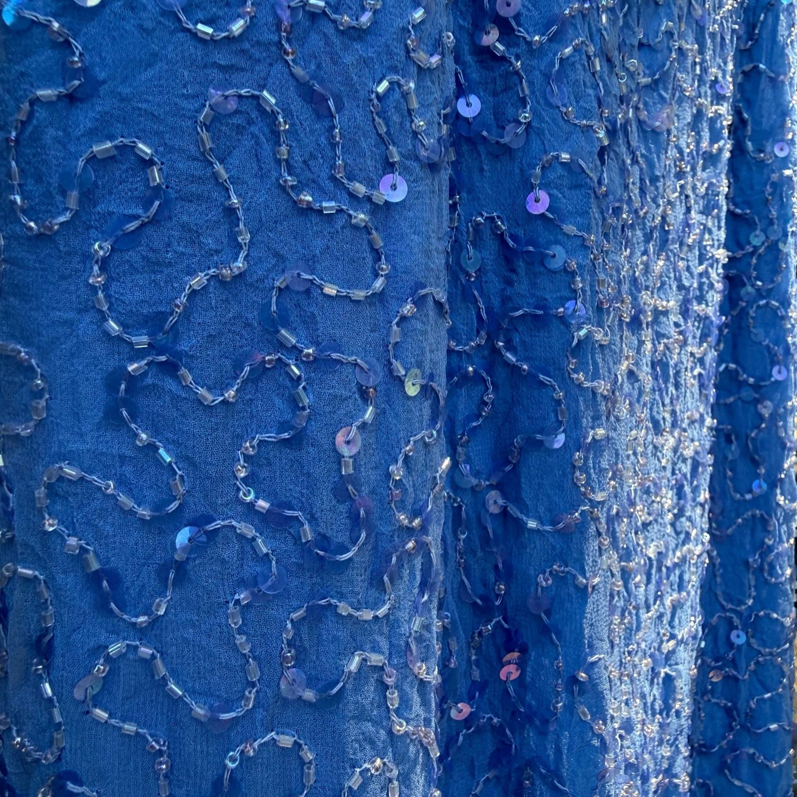 Vintage Blue Fully Beaded 100% Silk Maxi Column Evening Gown