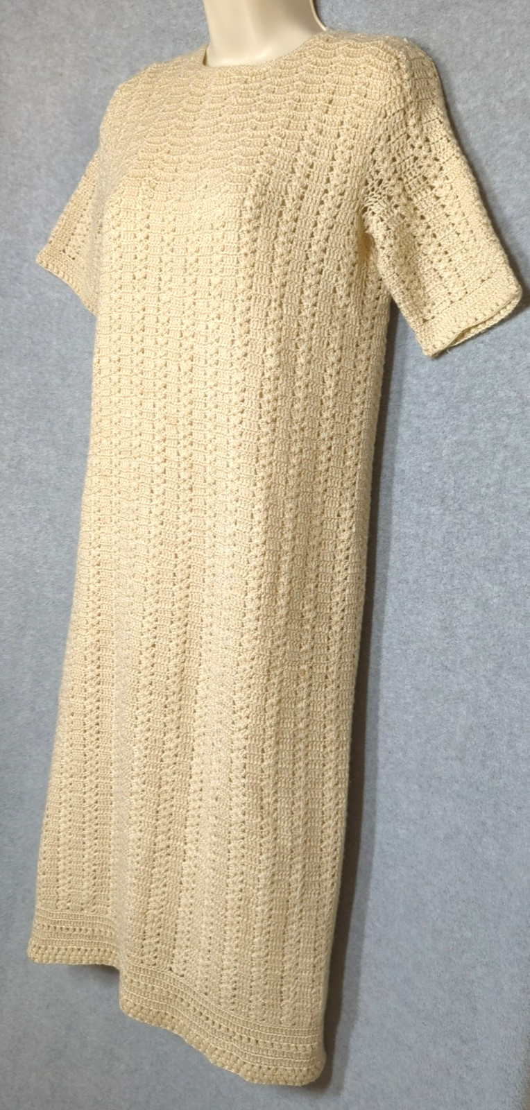 Vtg Crochet Knit Ivory Maxi Dress S 6 Lined Boho Cottage Core Prairie Princess