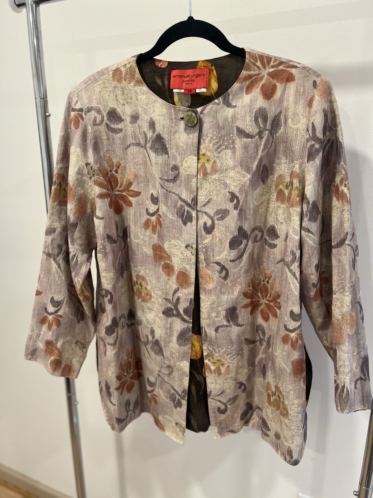 Emanuel Ungaro Parallèle Reversible Linen Jacket Floral Brown Beige Women’s 16