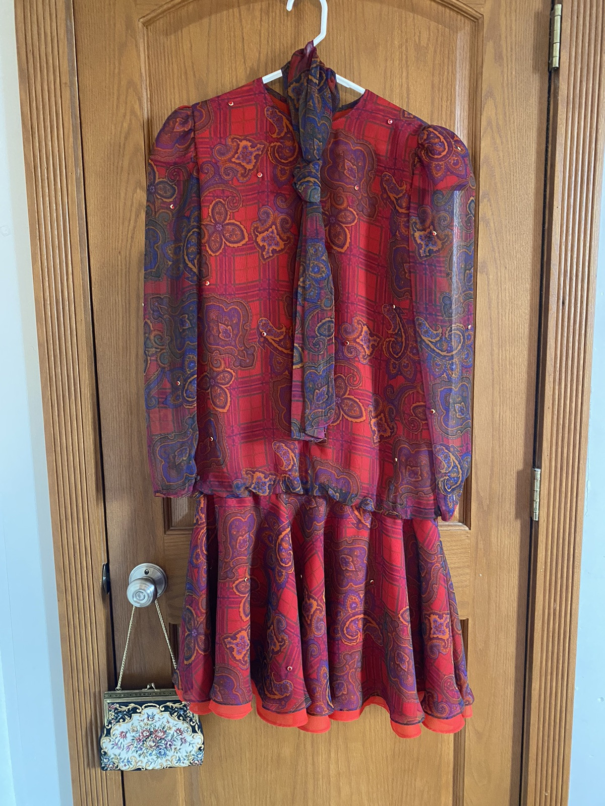 Vintage 80’s Judy Hornby Couture For I. Magnin Red Paisley/Plaid Dress Size 8
