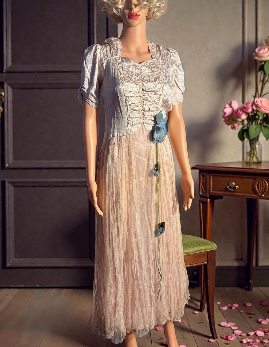 Vintage 1930s Evening Gown Jaquard Dress Tulle Old Hollywood Art Deco Size 30w