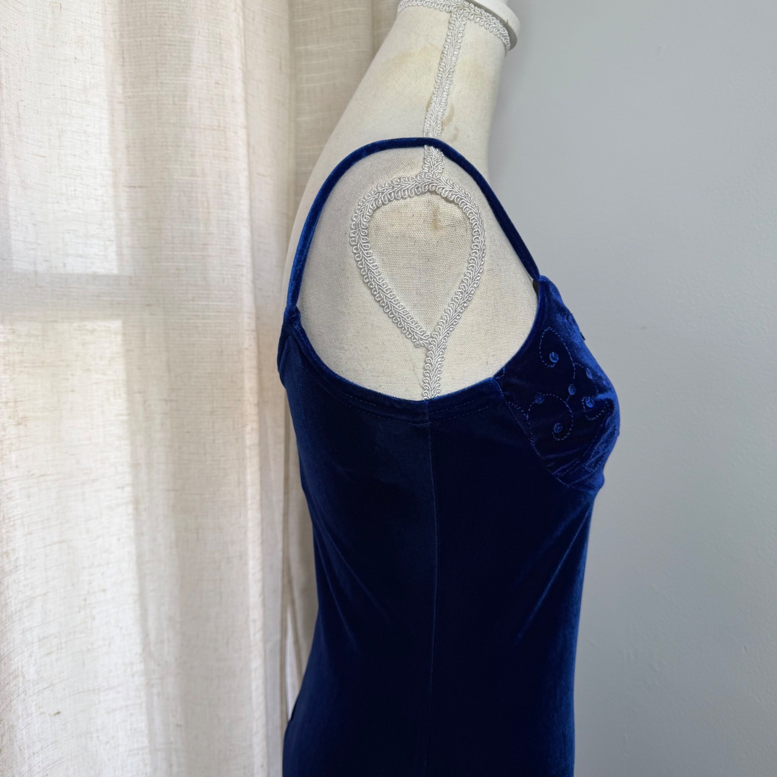 Y2K Vintage Jessica McClintock Gunne Sax Velvet Sequin Mini Dress Blue Women 5/6