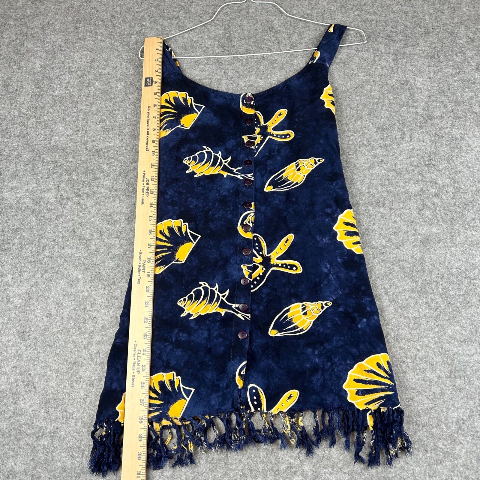 EUC VTG 24 Karat Navy Blue Shell Coastal Beach Batik Fringed Rayon Mini Dress OS