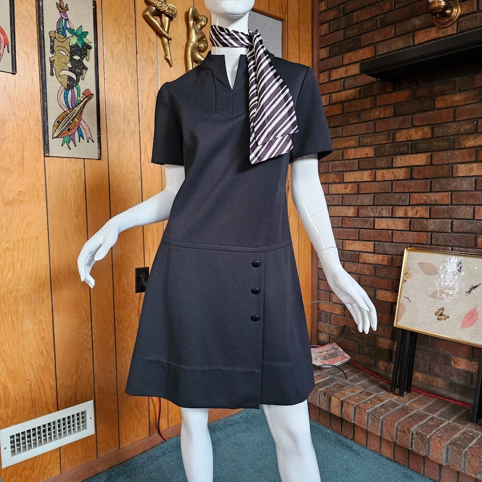 Vtg 60s Mod Volup Stewardess Mini Go Go Cocktail Party Shift Dress W/ Scarf M/L
