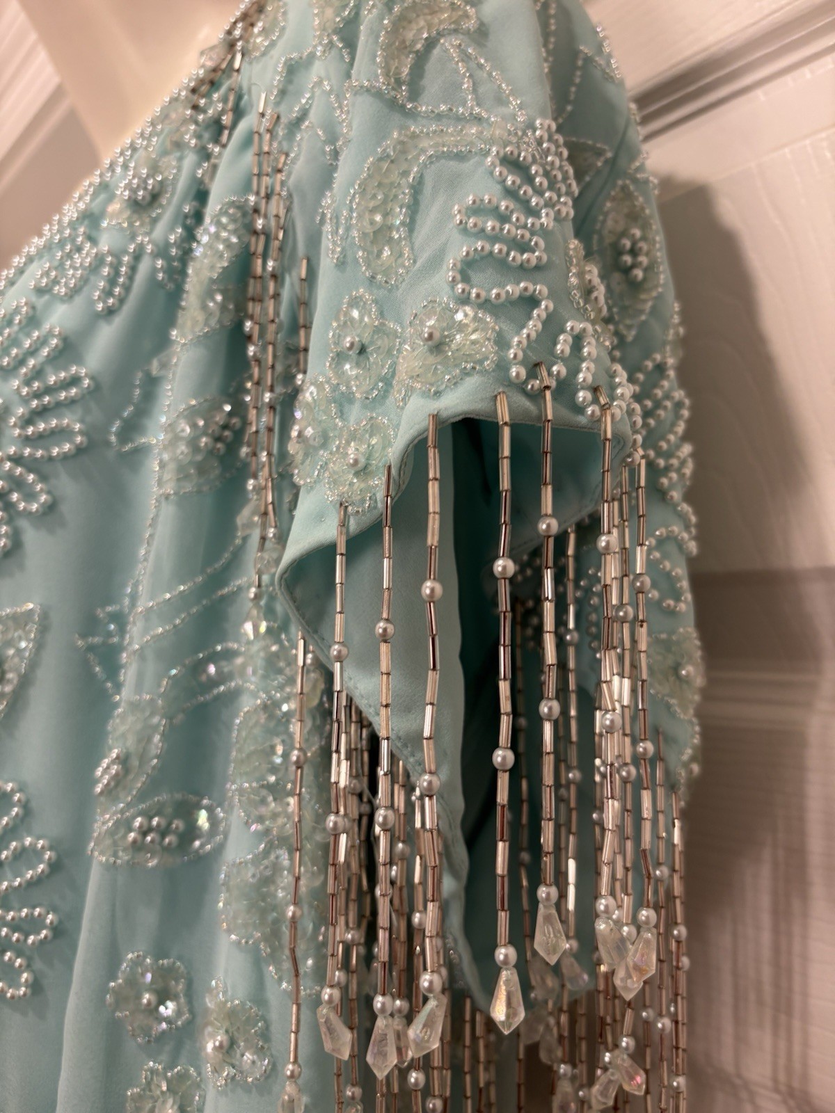 Jack Bryan Vintage Teal Beaded Chiffon Dress 18 Art Deco Gatsby Evening Flapper