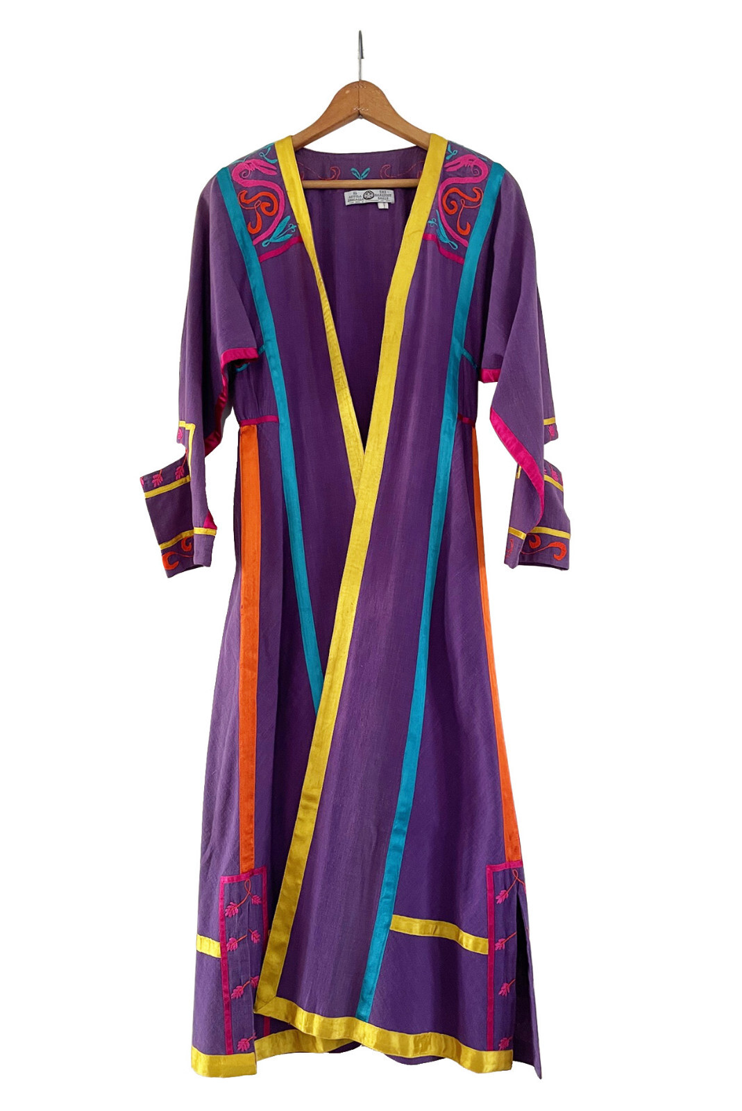JOSEFA Caftan Duster Robe Purple Embroidered Cotton Mexican Vintage Size S