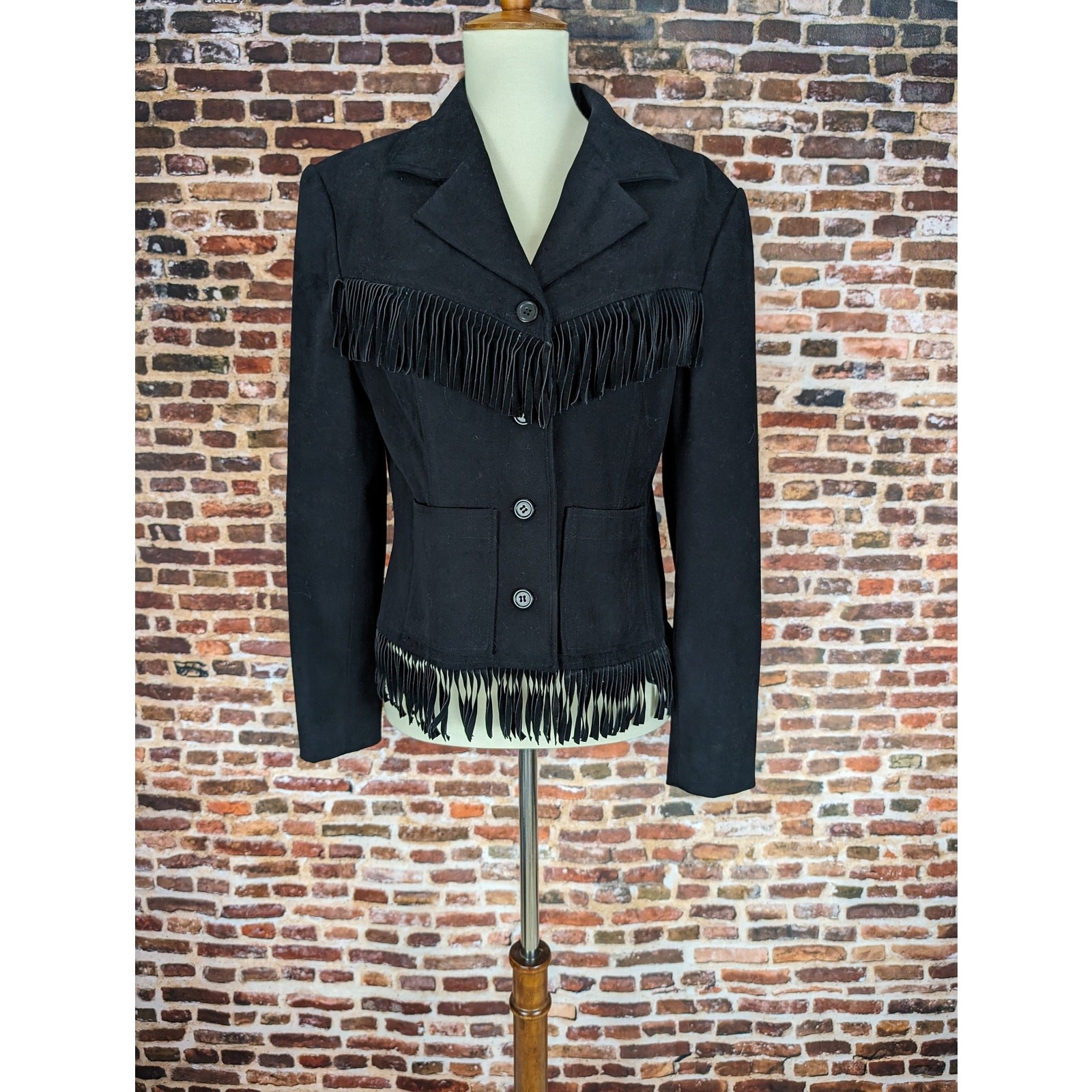 Vintage Black Faux Suede Fringe Jacket Ladies Women&rsquo;s Sz 4 Small Western Hippie