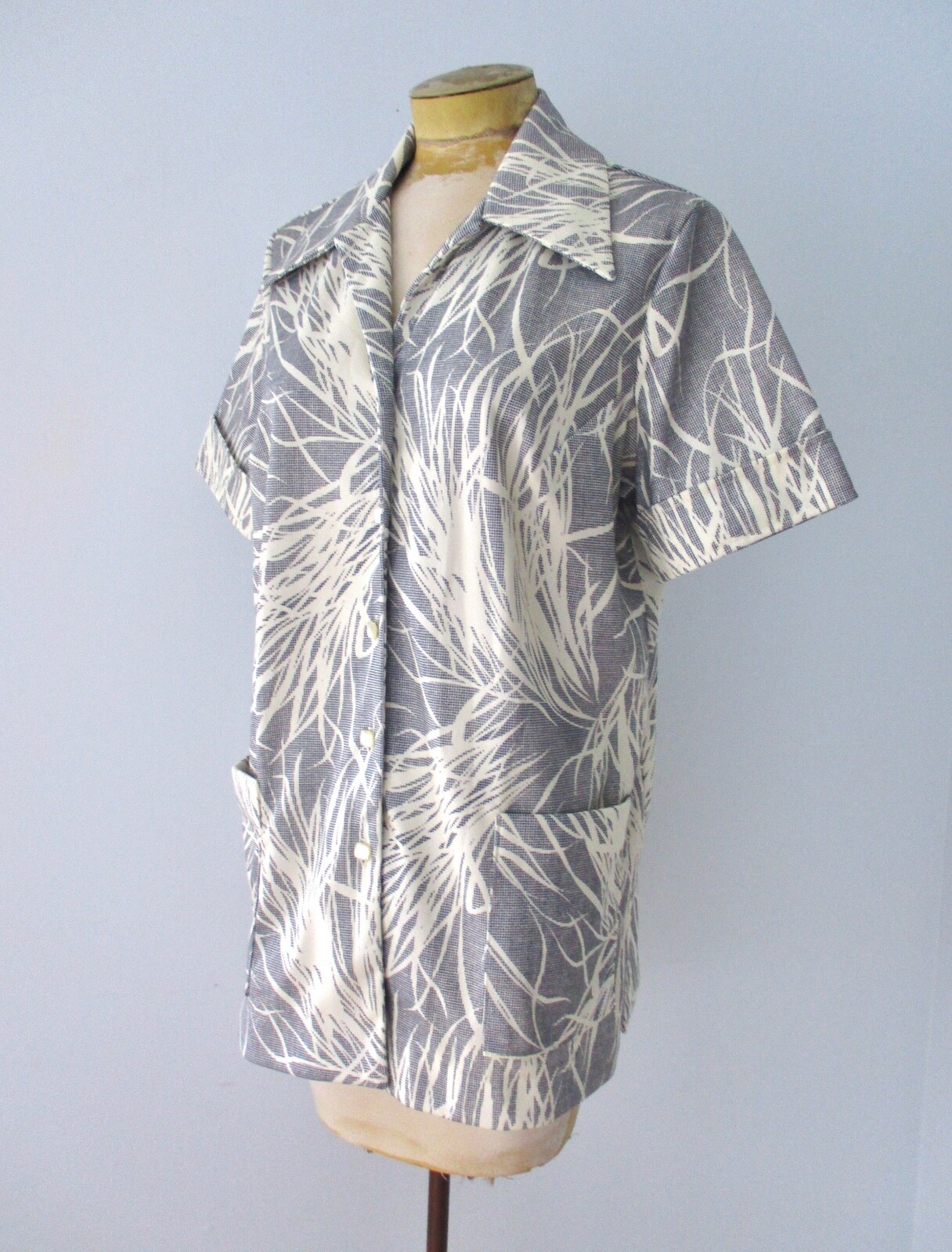 Vtg 70s Blue Botanical Reverse Print Smock Top Blouse Pockets Dagger Collar 40