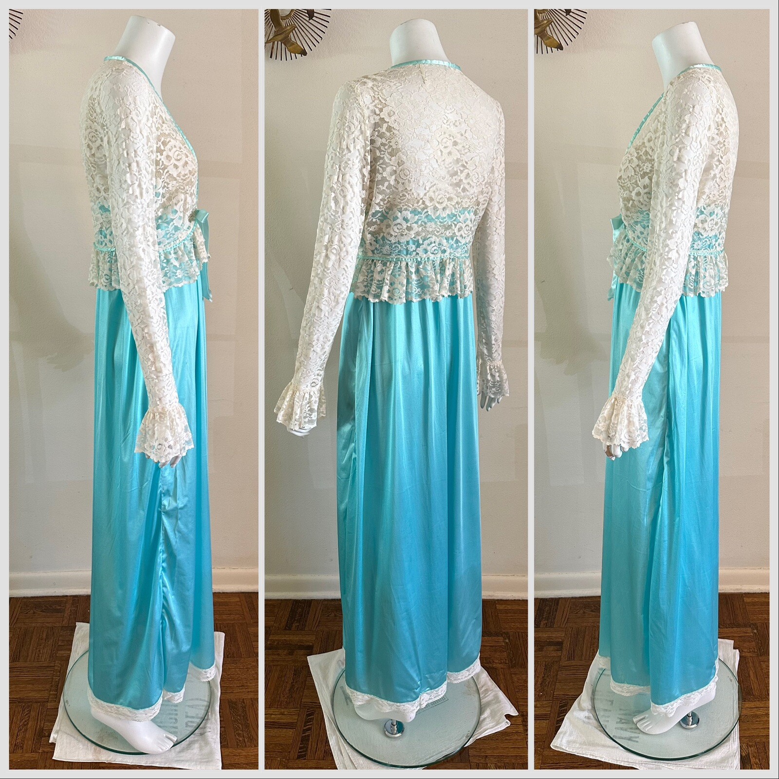 1970s Miss Elaine 2 Pc Lace Bed Jacket Negligee Nightgown Boho Hostess Gown VTG