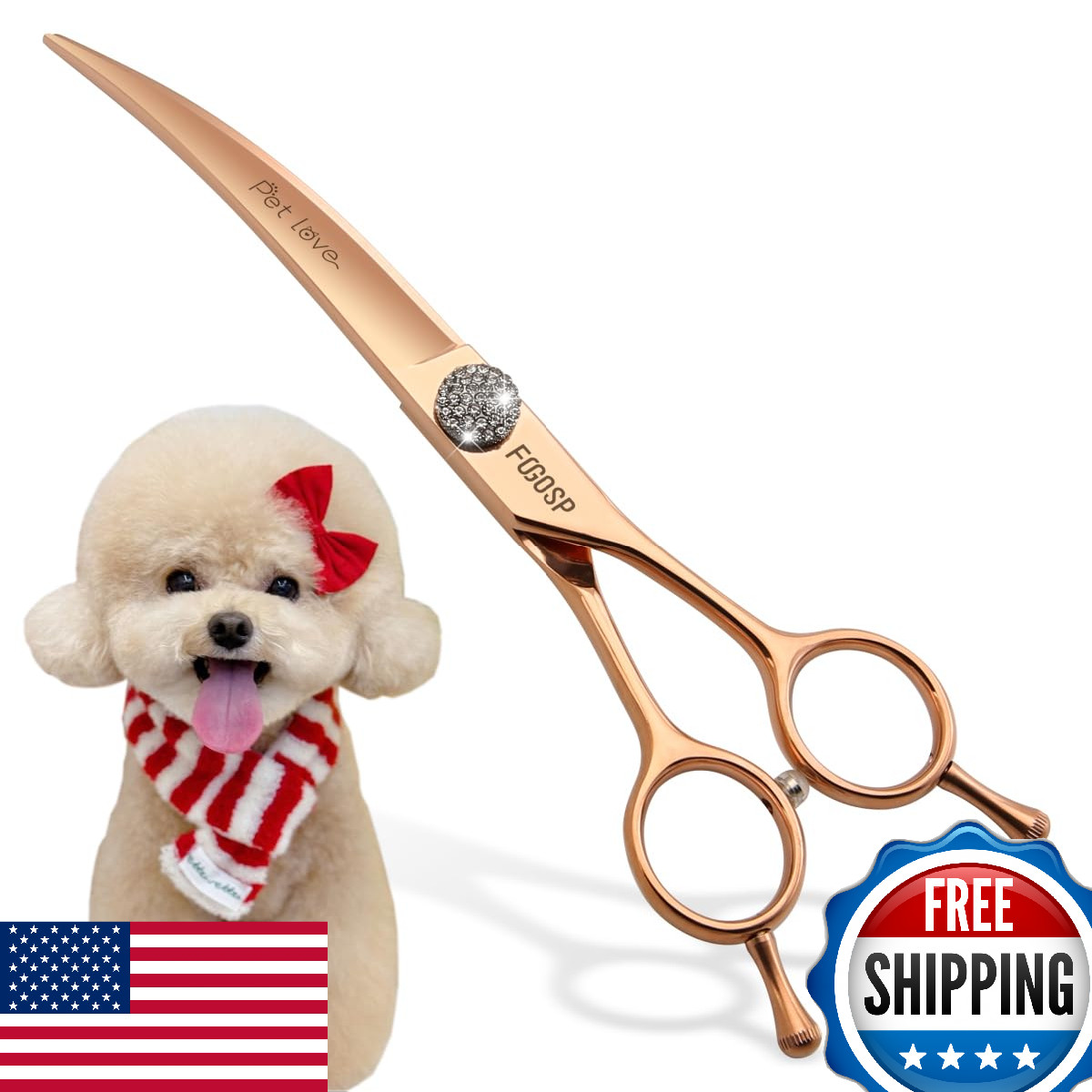 FOGOSP Rose Gold Titanium Curved Dog Grooming Scissors Reverse 7&Prime; Downward 30°