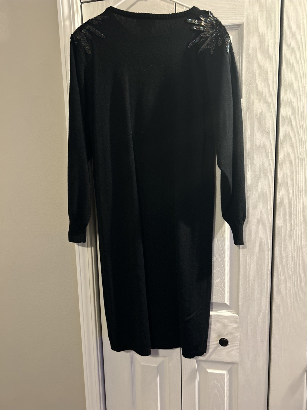 Vintage 80s Plain Jane Black Acrylic Sweater Dress Long Sequins Belted Glam Med