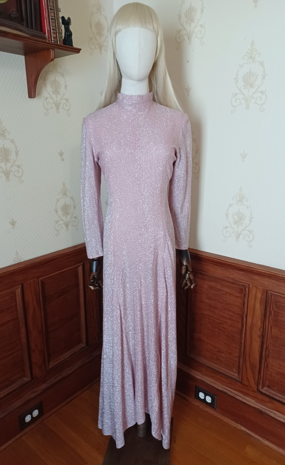 Vintage 1960s/70s Pink Glitter Disco Glam Medieval Revival Hostess Maxi Dress