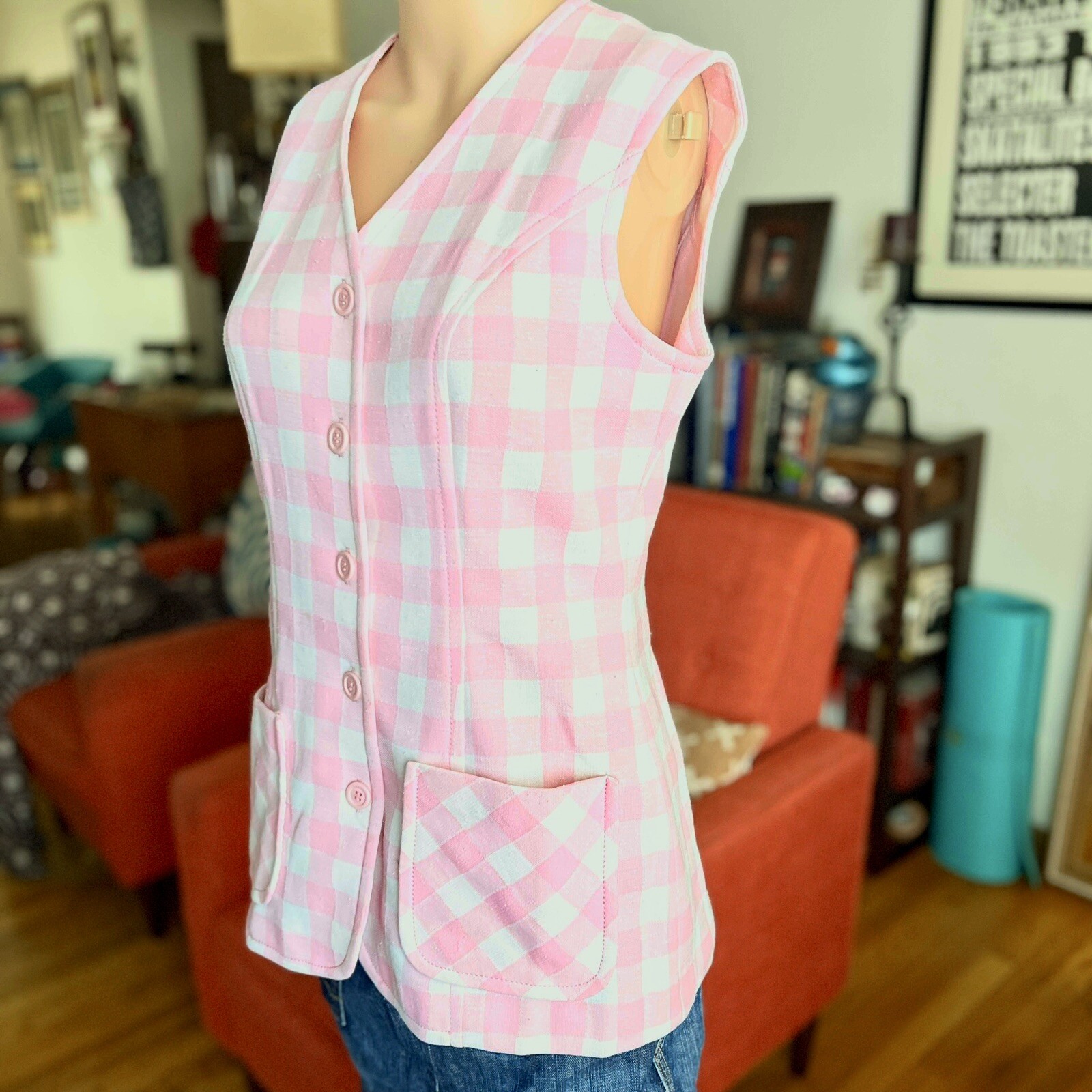 Vintage 1970s Pink & White Gingham Sears Vest