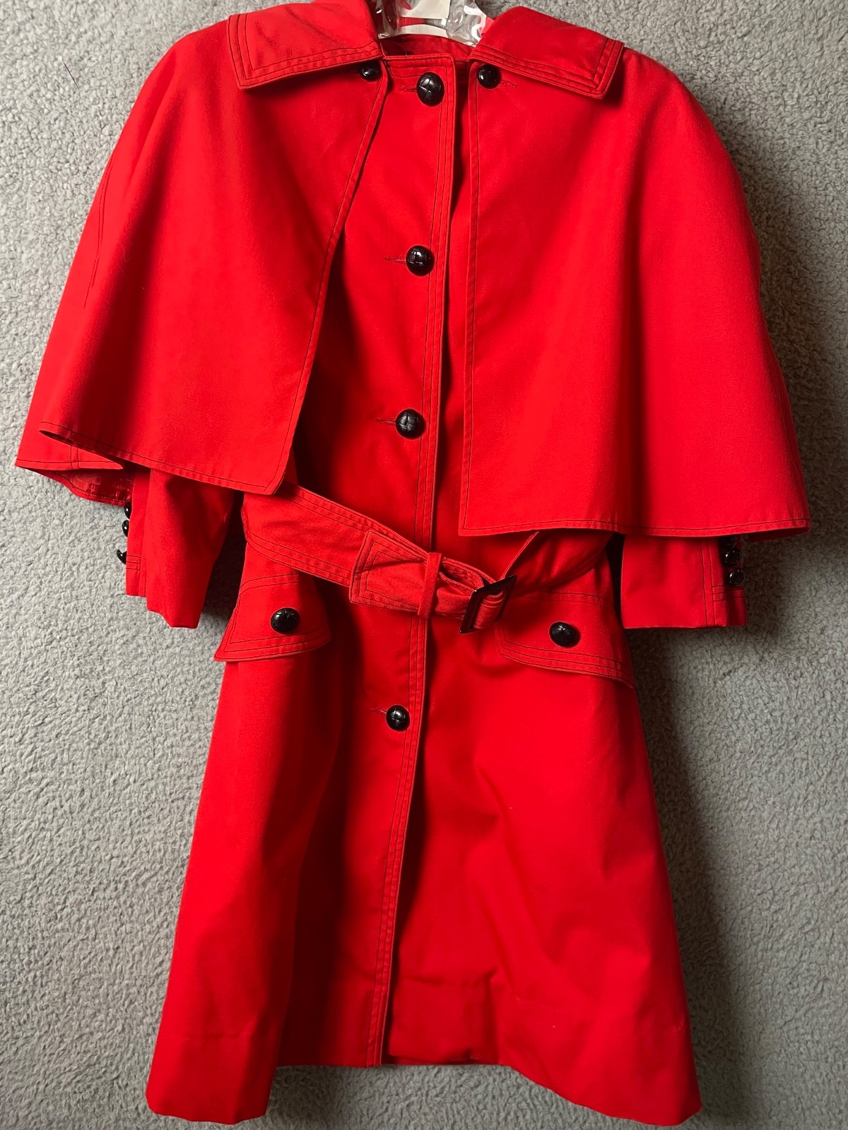Vintage Junior Accent Red S/M Belted Trench Coat Cape Overlay 60s Retro Mod VTG