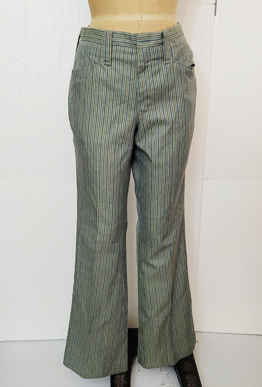 vtg 1960s mod green stripped bell bottom slacks 33×30.5