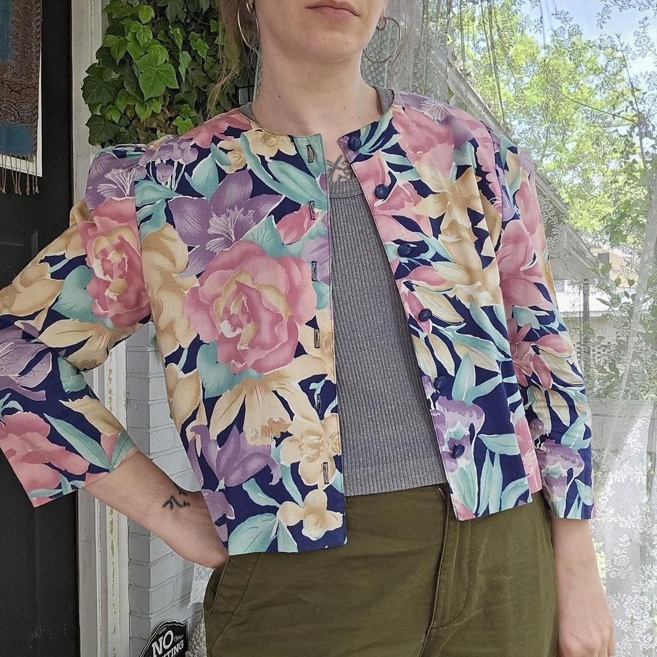 VTG 1980s Miss Dorby Floral Cropped Lightweight 100% Cotton Blazer Size 14 USA