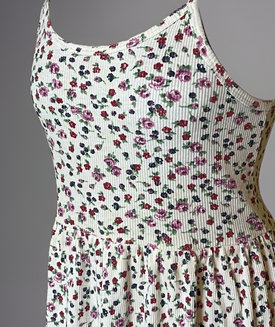 Vintage 90s Ditzy Floral Print Ribbed Sundress Mini Dress Cottagecore Grunge M