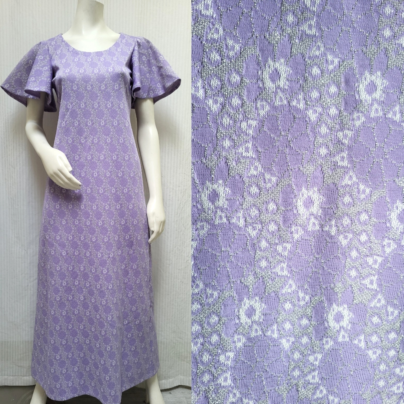 Vintage 1960s Purple & Silver Lurex Double Knit Maxi Dress – Size S/M – EUC