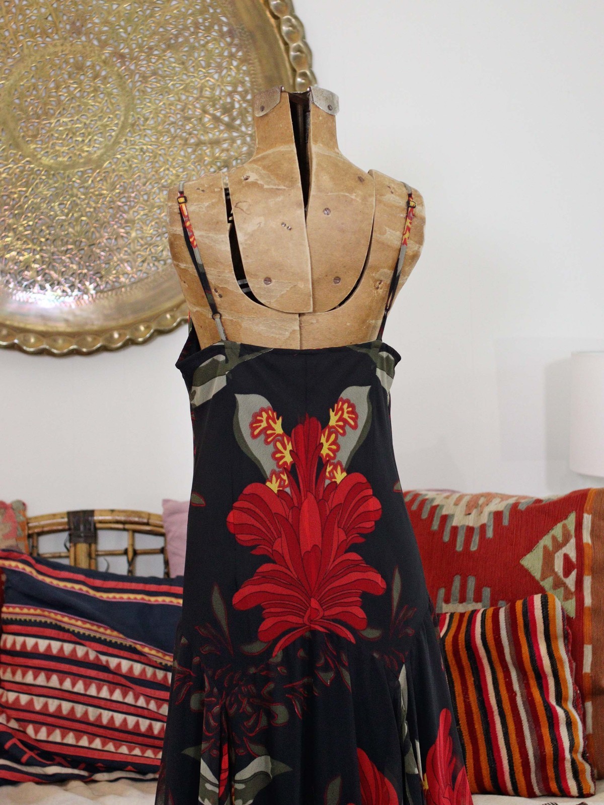VTG Whimsigoth Y2K 90s Black Slip Dress Handkerchief Hem Bias Cut Flower Print