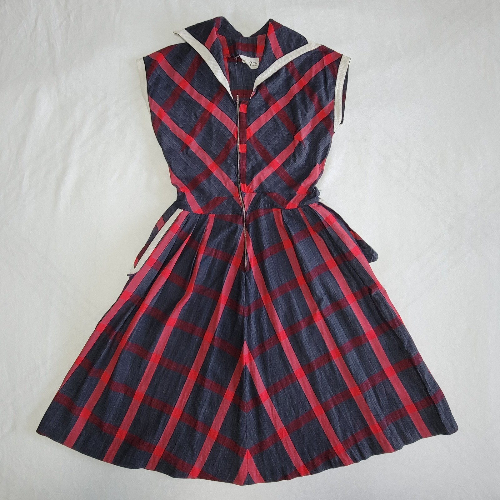 Vintage 50s Toni Todd Plaid Sailor Dress Red Grey Women&rsquo;s M Rockabilly