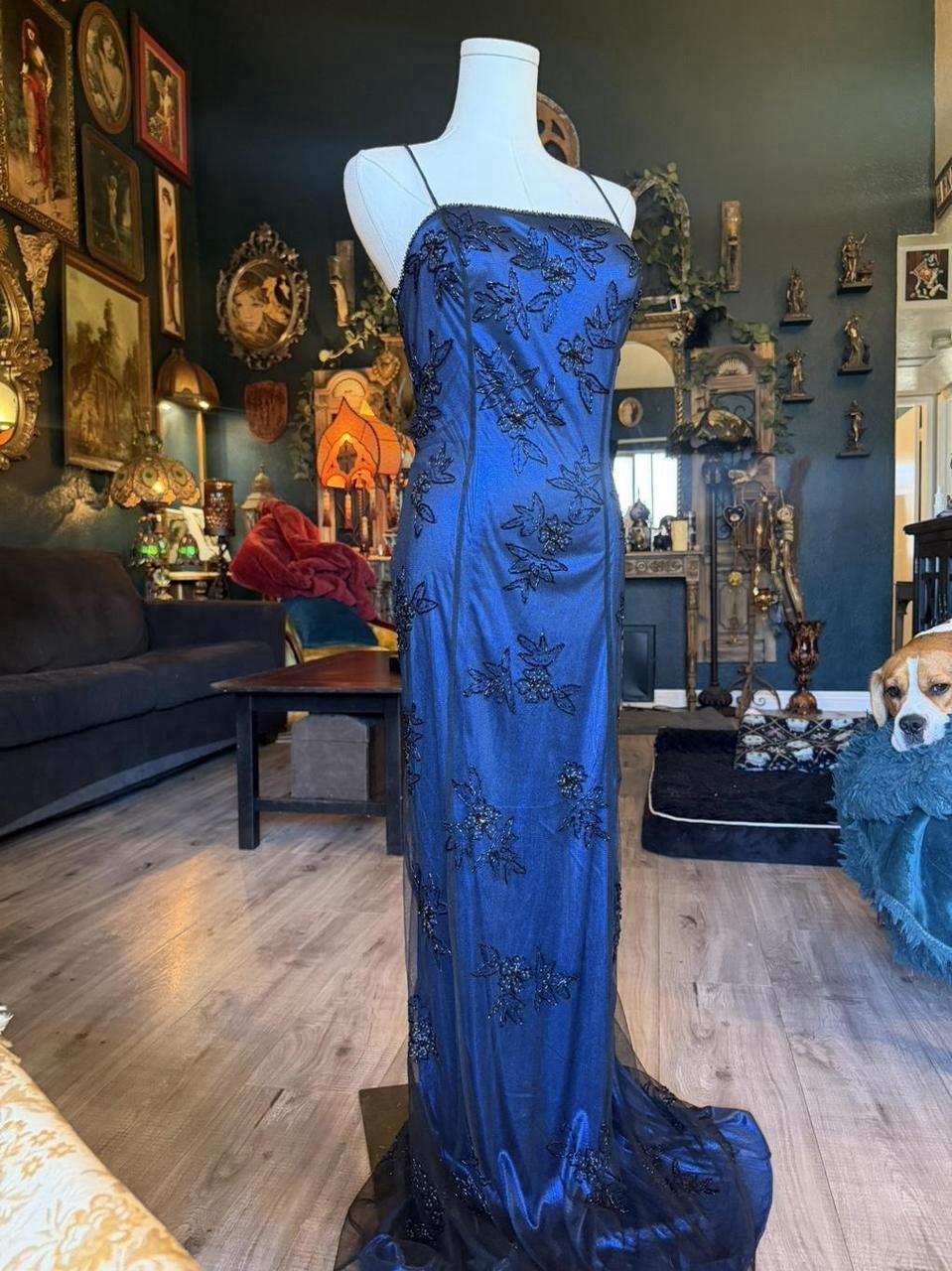 Vintage Black Beaded Mesh Overlay Evening Gown | Metallic Blue | Y2K Formal