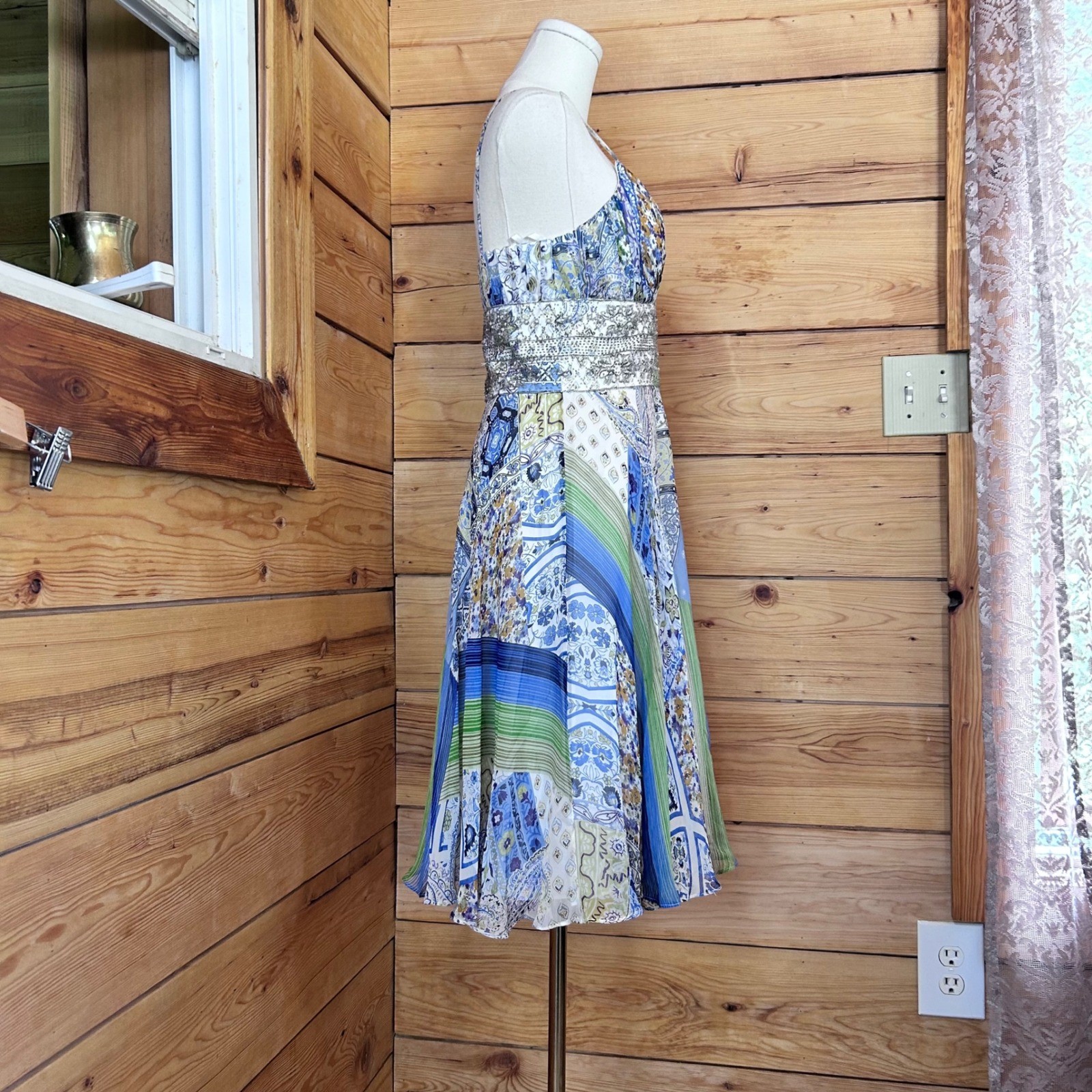 Vintage 100% Silk Paisley Patchwork Dress Size 4 Blue Handkerchief JS Collection