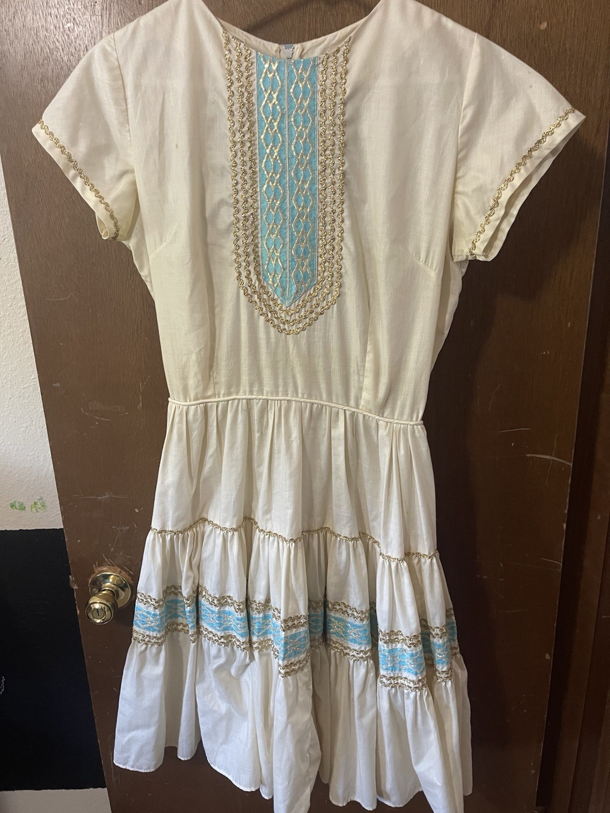 Vintage Embroidered Bohemian Ruffle Dress White, Blue, Gold