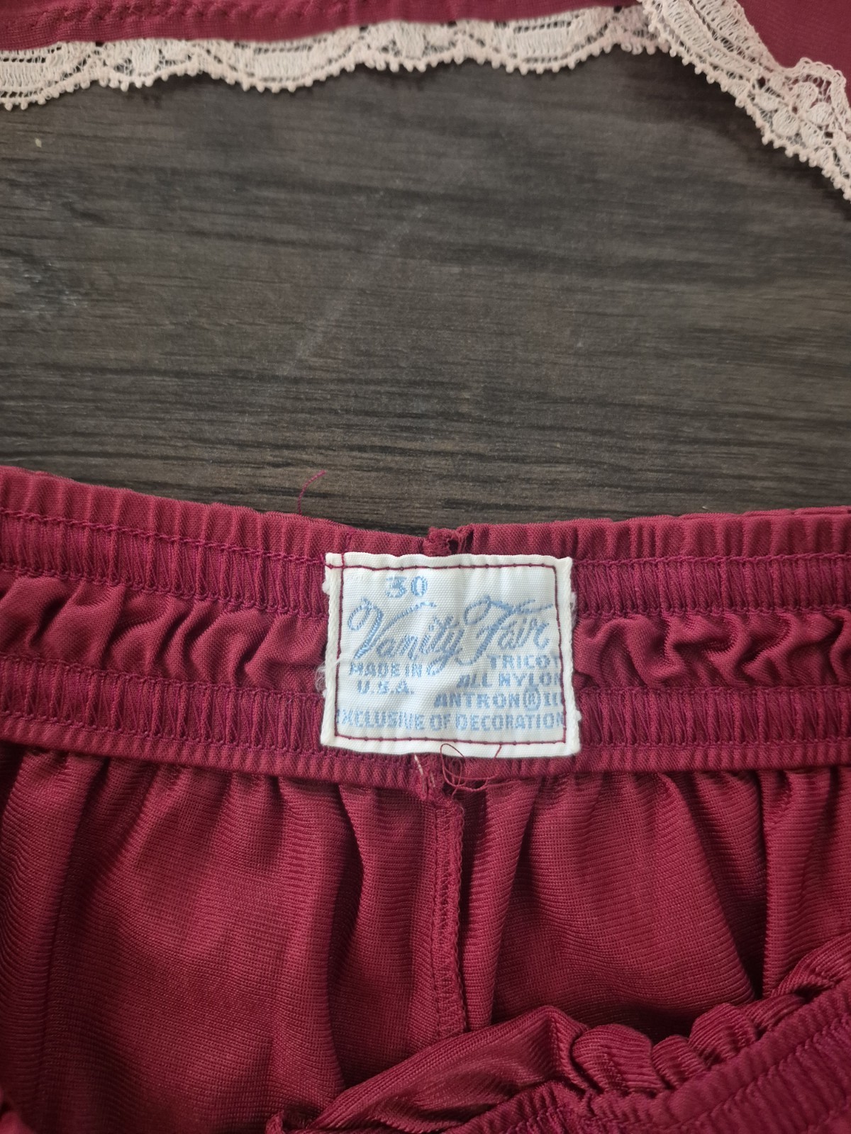 Vintage Vanity Fair Nylon Pajama Set in Burgundy and Beige with Lace Trim, 30