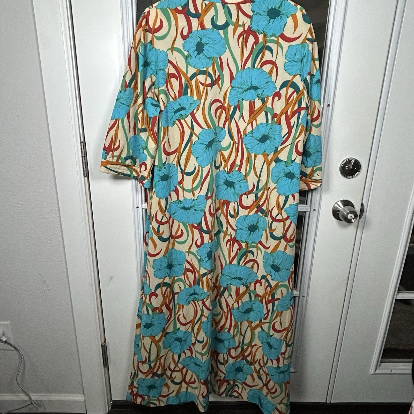 Vintage Sears Take-a-Long Dressing Gown 60s 70s House Coat Turquoise Floral S/M