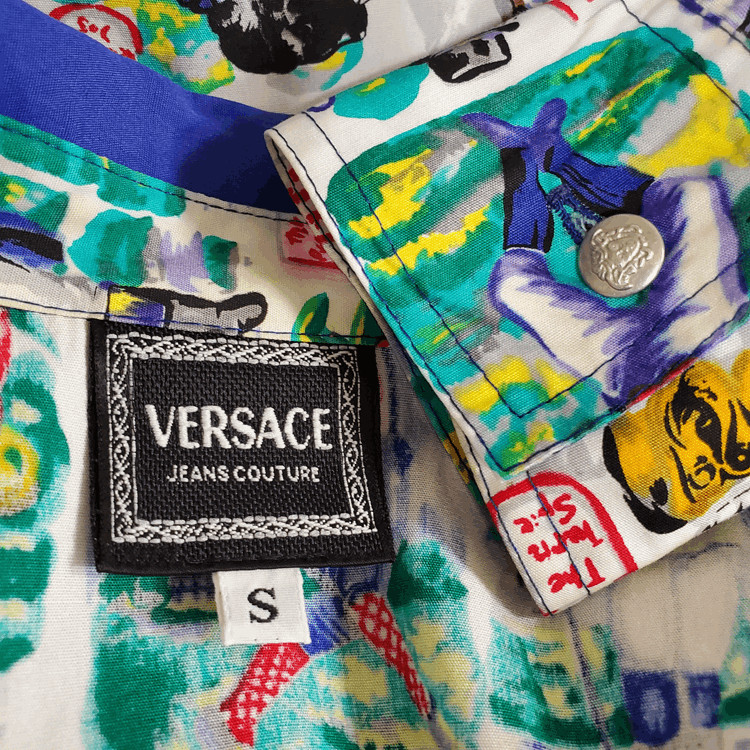 VTG VERSACE JEANS COUTURE Puppy Dog Novelty Print Circus Blouse Top Shirt S